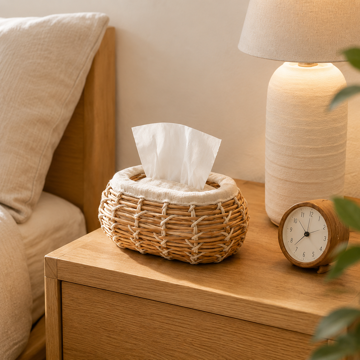 Handwoven Natural Rattan Tissue Box with Cotton Rope Detail