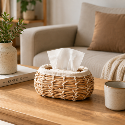 Handwoven Natural Rattan Tissue Box with Cotton Rope Detail