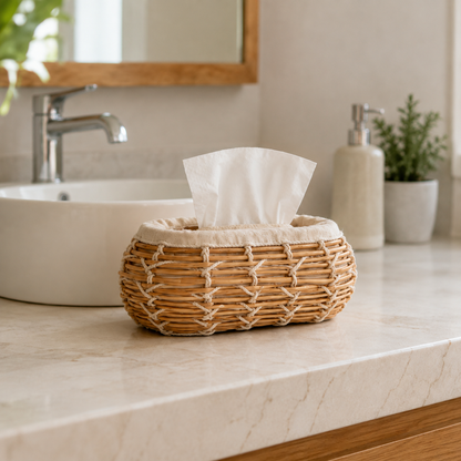 Handwoven Natural Rattan Tissue Box with Cotton Rope Detail