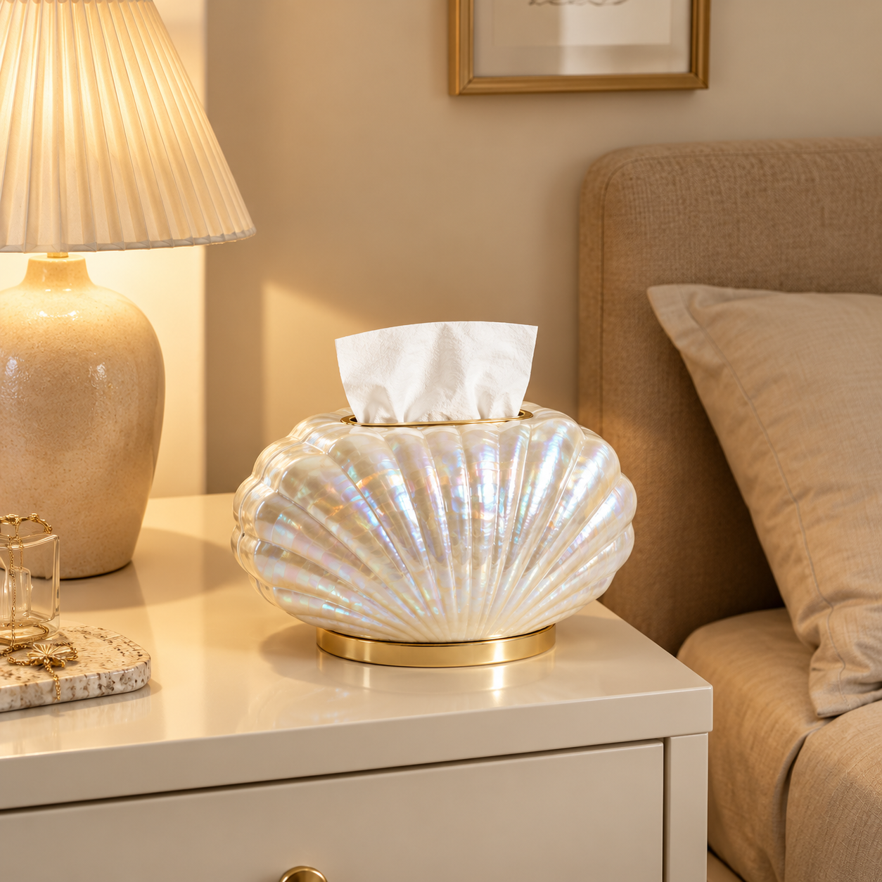 Shell-Shaped Iridescent Pearl Tissue Box with Gold Base