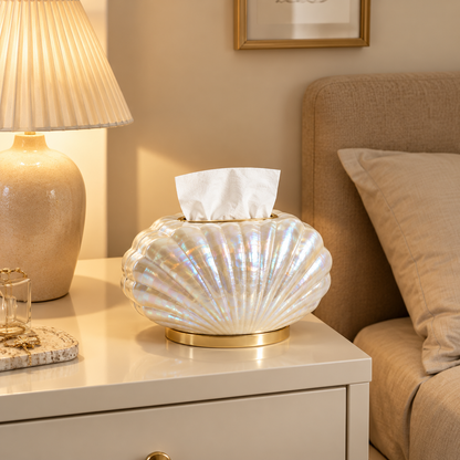 Shell-Shaped Iridescent Pearl Tissue Box with Gold Base