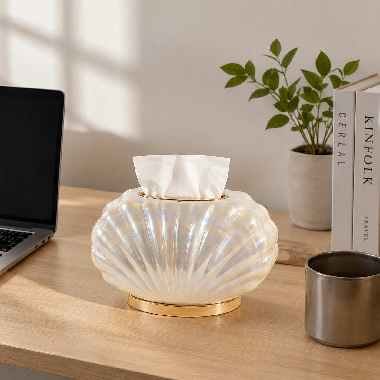 Shell-Shaped Iridescent Pearl Tissue Box with Gold Base