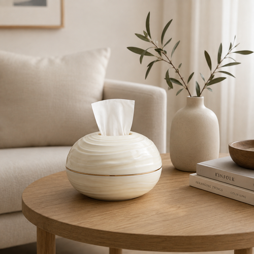 Cream Marble Round Ceramic Tissue Box with Gold Trim