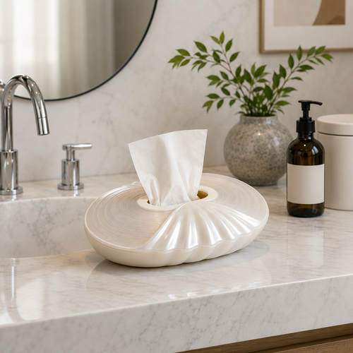 Pearl White Shell-Cloud Tissue Box with Ripple Texture