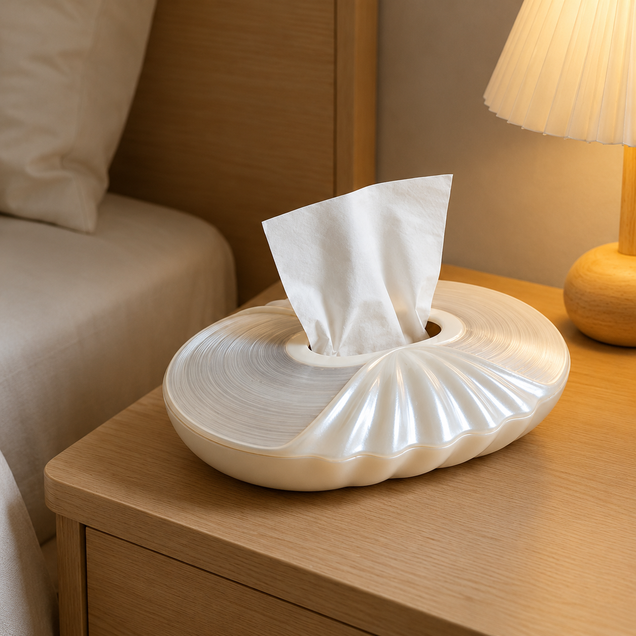 Pearl White Shell-Cloud Tissue Box with Ripple Texture